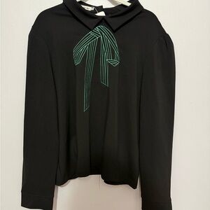 Black Long Sleeve Top with Embroidered Green Bow